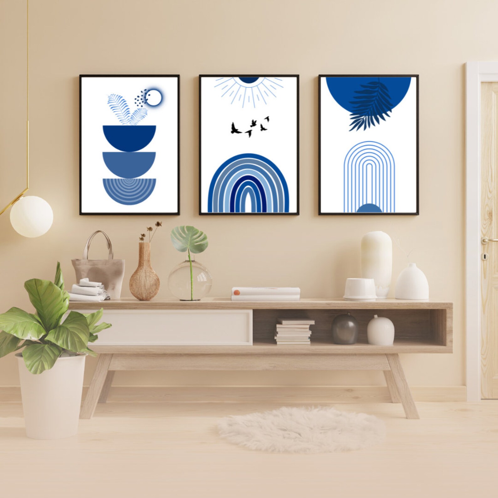 Printable Navy Blue Modern Wall Art, Set of 3 Boho Wall Decor, Boho Abstract, Digital Art Print ...