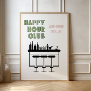 Happy Hour Club Print, Funky Bar Warenkorb Kunst, Vintage Spirituosen Poster, Retro Alkohol Druck, Trendy Cocktails Poster, Hotelbar Poster