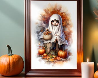 Halloween Art Print, Cute Child Ghost, Printable Ghost Art, Cozy Fall Digital Art, Spooky Autumn Wall Art, Trendy Halloween Decor