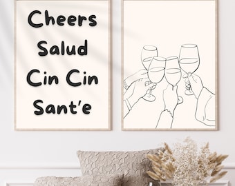 Cheers Print, Cin Cin Salud Print, Retro Wine poster, Trendy Bar Cart Art, Drink Wall Art, Cocktail Poster, Bar Cart Decor, Printable Art