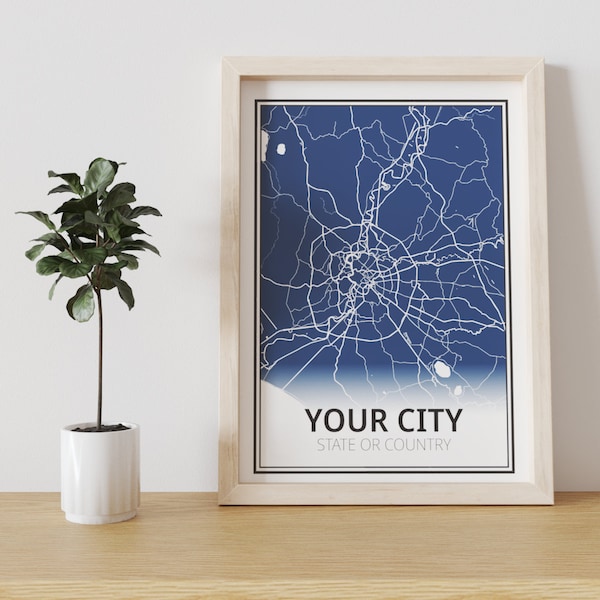 Mapa de ciudad, mapa azul, arte de mapa, mapa personalizado, cuadro de ciudad, regalo original, regalo de aniversario, mapa en color azul