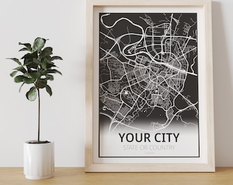 Mapa de ciudad, mapa en negro, arte de mapa, mapa personalizado, cuadro de ciudad, regalo original, regalo de aniversario, mapa en color