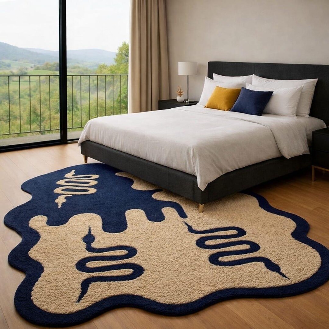 Handmade Wool Tufted Abstract Snake Rug – Navy Blue Cream Artistic ...