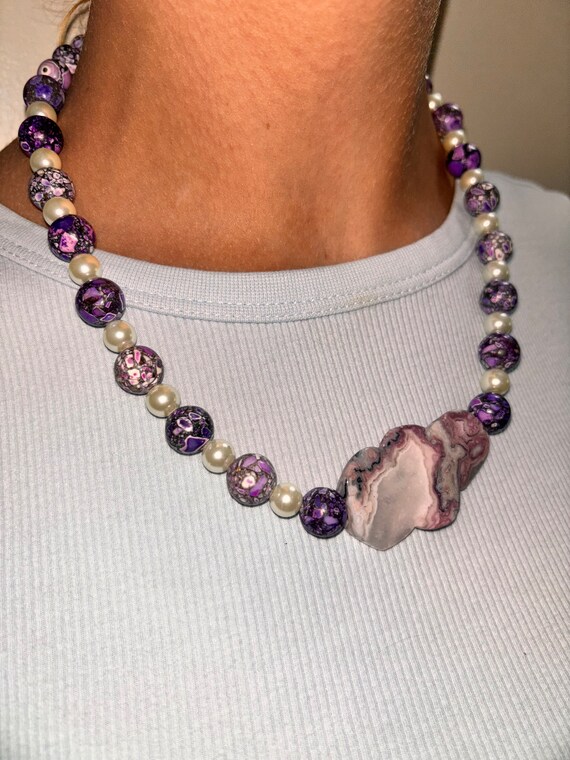 Purple Mosaic Magnesite & Pearl Necklace - image 6