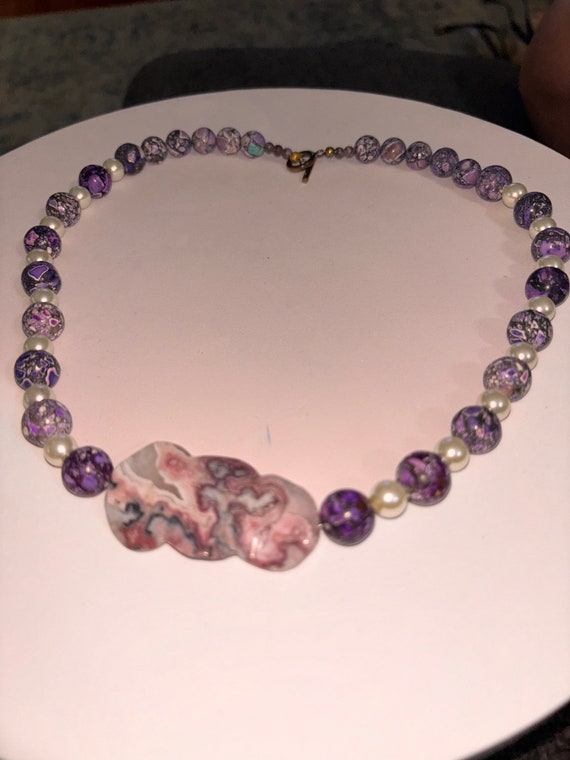 Purple Mosaic Magnesite & Pearl Necklace - image 4