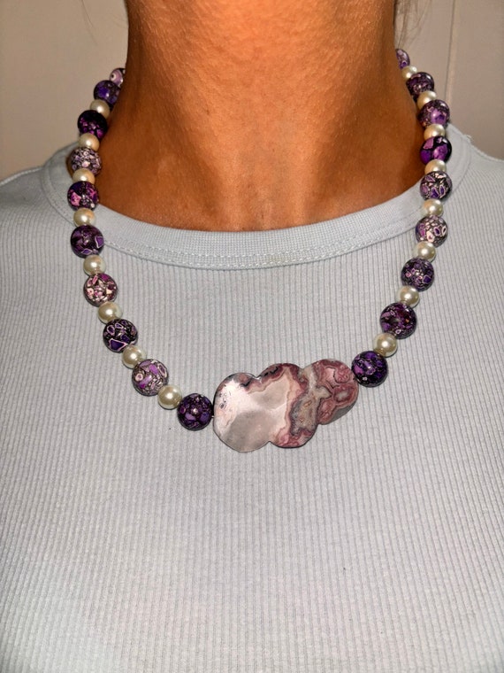 Purple Mosaic Magnesite & Pearl Necklace - image 1