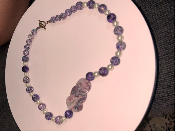 Purple Mosaic Magnesite & Pearl Necklace - image 3