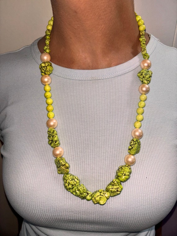 Lime Turquoise Stone Necklace with Pearl Beads