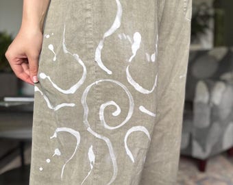 Upcycled Boho Loose Fit Sun Spiral Baggy Green Pants Size Small With Elastic Waist