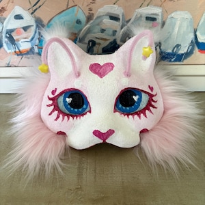 Pink Alien Heart Therian Cat Mask with Posable Antennas | Suitable for Quadrobics, Renfair