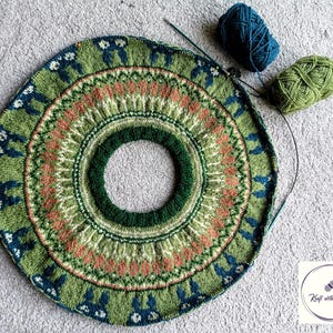 May include: Circular knitted project in progress, featuring a detailed pattern in shades of green, coral, and blue. The design includes repeating motifs and a central opening. Two balls of yarn, one teal and one green, are next to the project.