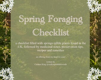 May include: A green and gold illustrated checklist for spring foraging in the UK. The checklist includes edible plants, medicinal notes, preservation tips, recipes, and remedies. It is written by Carmen King @walkingwiththeweeds.