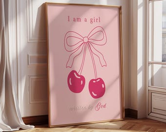 Soy una chica escrita por Dios - Arte de pared rosa / Decoración de fe / Impresión de arte femenino suave / Póster inspirado en Dios / Estampado de cerezas