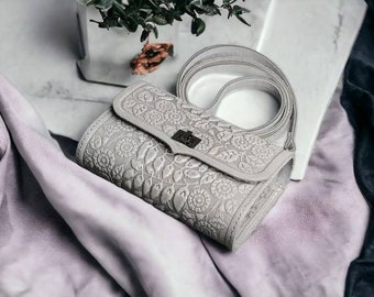 Pochette sur l'épaule/ceinture Sac à imprimé abstrait Sac à main Grand sac cartable en cuir ethnique Sac à main de couleur grise Sac décontracté