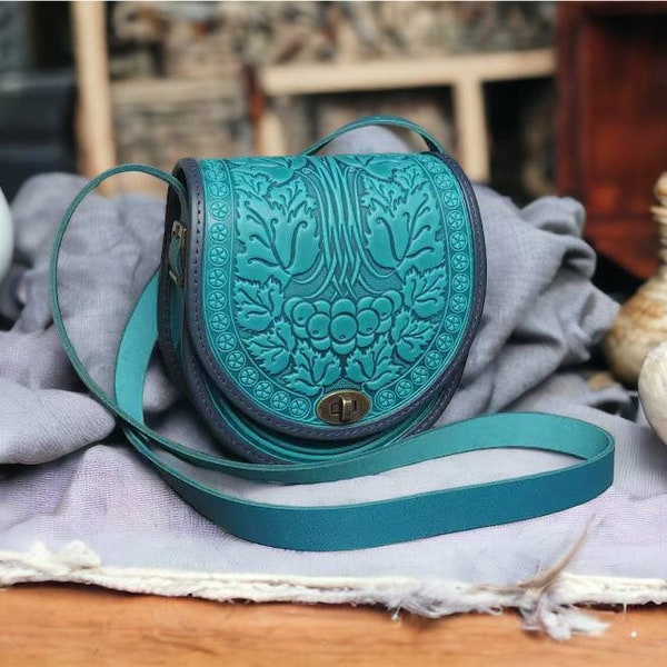 Leather Boho Bag Handbag Capacious Bag Ethnic Turquoise Color Bag Leather Shoulder Bag Satchel Bag Vintage Bag Boho Round Purse Casual Bag