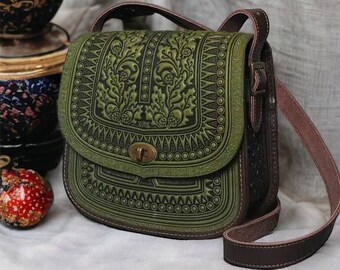 Bolso de cuero Bolso Boho Bolso Boho Bolso redondo Bolso espacioso Bolso étnico pantano color verde Bolso de cuero Bolso de hombro Satchel Bolso vintage Bolso casual