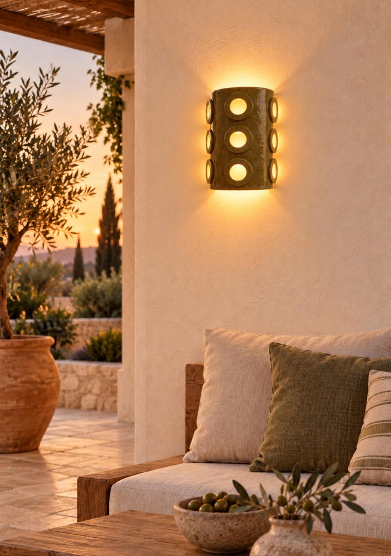 Op de afbeelding: Een cilindervormige olijfgroene wandlamp met zes ronde uitsparingen in twee verticale kolommen. Het armatuur verspreidt een warm, gloeiend licht en werpt een lichtbundel naar boven en beneden op het oppervlak van de muur.