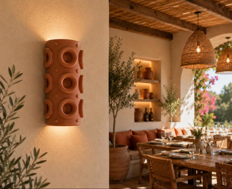Op de afbeelding: Een cilindervormige wandlamp van terracotta met een herhalend patroon van cirkelvormige inkepingen en kleine verhoogde stippen. Het armatuur verspreidt een warme, zachte gloed aan de boven- en onderkant op de beige muur.
