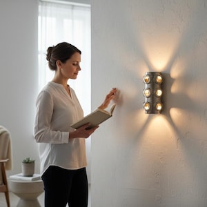 Op de afbeelding: Een cilindervormige wandlamp met een metalen afwerking, voorzien van zes ronde openingen in twee verticale kolommen. De armatuur straalt warm, gericht licht naar boven en beneden uit tegen het muuroppervlak.
