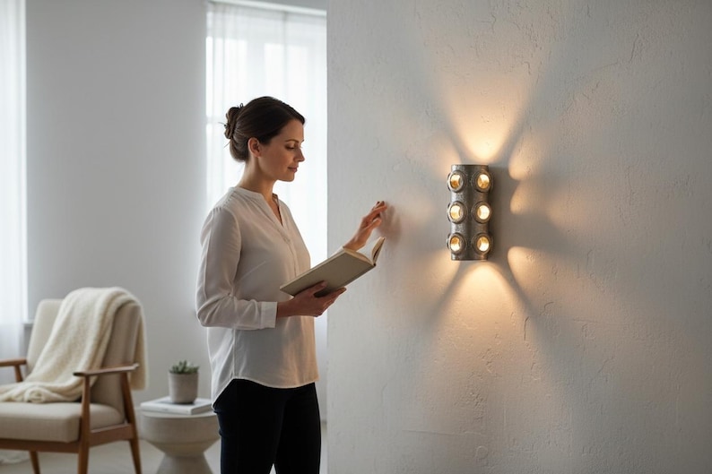 Op de afbeelding: Een cilindervormige wandlamp met een metalen afwerking, voorzien van zes ronde openingen in twee verticale kolommen. De armatuur straalt warm, gericht licht naar boven en beneden uit tegen het muuroppervlak.