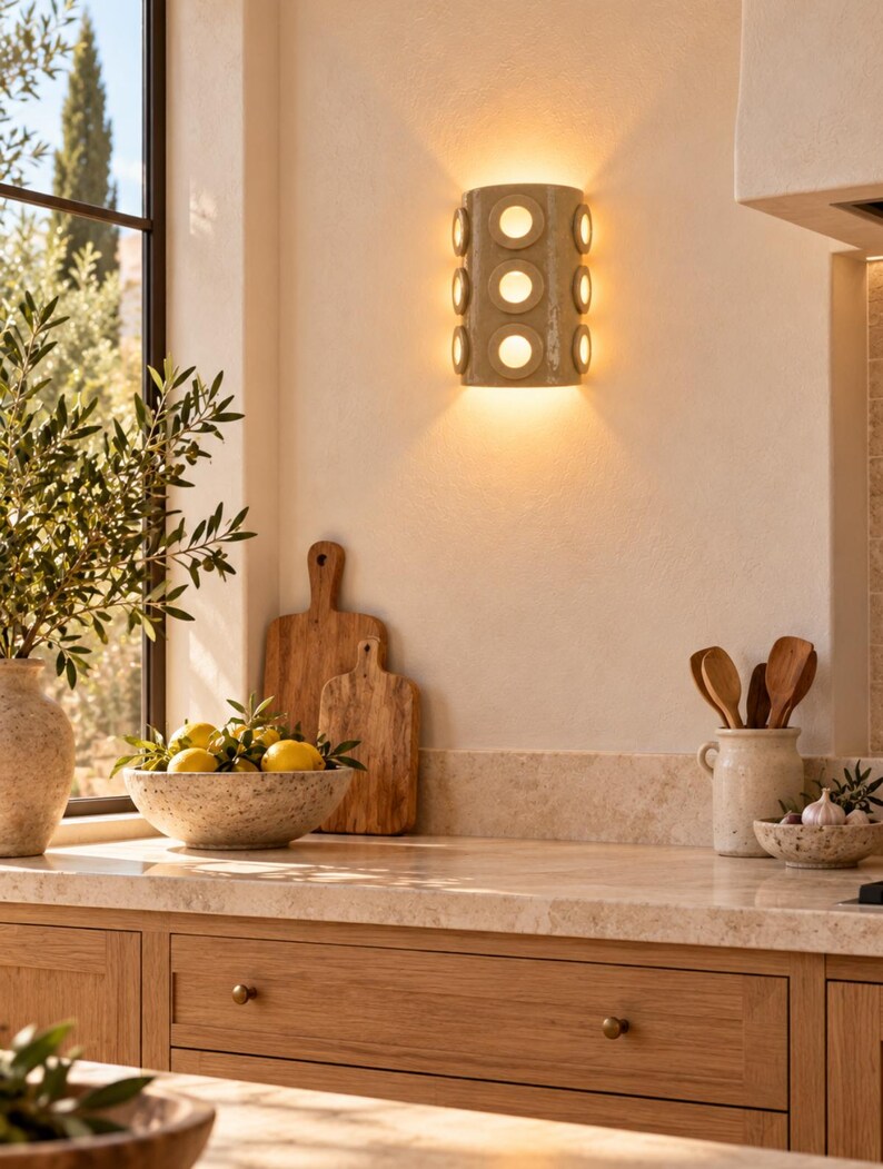 Op de afbeelding: Een halfcilindervormige wandlamp met een glanzende beige afwerking en zes cirkelvormige uitsparingen in twee verticale kolommen, die warm, diffuus licht verspreidt tegen een neutrale keukenmuur.