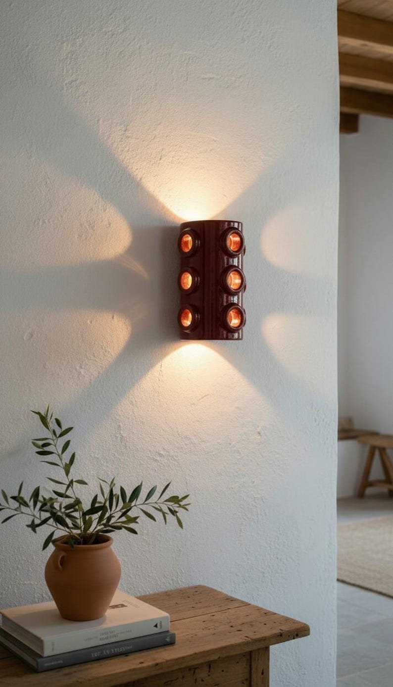 Op de afbeelding: Een cilindervormige wandlamp met een glanzende donkerbruine afwerking en zes ronde openingen in twee verticale kolommen. Het armatuur verspreidt warm licht vanaf de bovenkant, onderkant en de zes ronde poorten, wat opvallende lichtpatronen op de muur werpt.