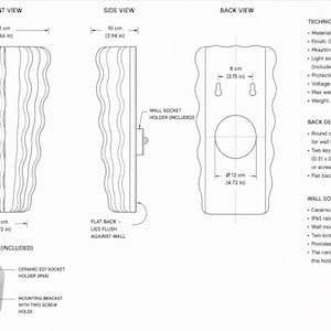 Puede incluir: Un diagrama t&eacute;cnico de una l&aacute;mpara de pared de cer&aacute;mica que muestra vistas frontal, lateral y trasera con medidas en cm y pulgadas. Incluye un soporte de enchufe, casquillo E27 y especificaciones t&eacute;cnicas con clasificaci&oacute;n IP65.