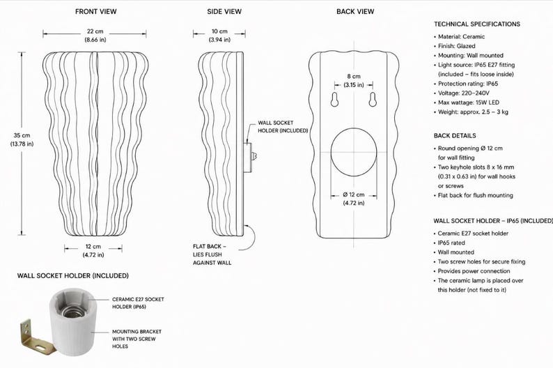 Puede incluir: Un diagrama t&eacute;cnico de una l&aacute;mpara de pared de cer&aacute;mica que muestra vistas frontal, lateral y trasera con medidas en cm y pulgadas. Incluye un soporte de enchufe, casquillo E27 y especificaciones t&eacute;cnicas con clasificaci&oacute;n IP65.