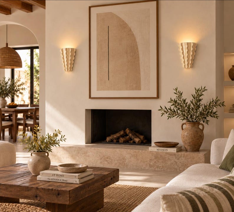 Puede incluir: Un interior de sala de estar con una chimenea con una gran obra de arte abstracto beige sobre ella, flanqueada por dos apliques de pared estriados. Una mesa de centro de madera sostiene libros titulados At Home y The Kinfolk Home, con jarrones.