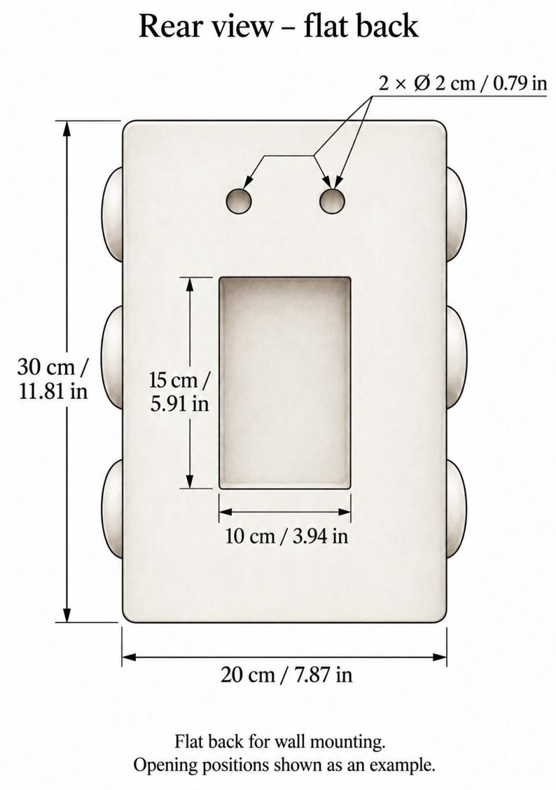 Op de afbeelding: Een rechthoekig object met een platte achterkant voor wandmontage, 30 cm bij 20 cm. Het heeft een centrale rechthoekige opening van 15 cm bij 10 cm en twee ronde gaten met een diameter van 2 cm. Tekst: Rear view - flat back.