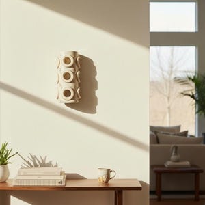 Op de afbeelding: Een cilindervormige wandlamp in een lichtbeige afwerking, voorzien van een herhalend patroon van cirkelvormige uitsparingen over de verticale lengte. De lamp is aan een effen muur bevestigd en werpt een schaduw aan de rechterkant.