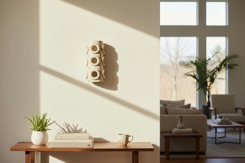 Op de afbeelding: Een cilindervormige wandlamp in een lichtbeige afwerking, voorzien van een herhalend patroon van cirkelvormige uitsparingen over de verticale lengte. De lamp is aan een effen muur bevestigd en werpt een schaduw aan de rechterkant.