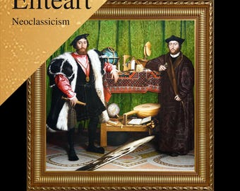 May include: A framed painting featuring two men in historical attire. The artwork, set against a green backdrop, includes a table with a globe and other objects. The frame is gold, and the text "Eliteart Neoclassicism" is visible.