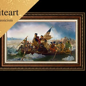 May include: A framed painting depicting a historical scene of a boat crossing a body of water, with figures holding oars and a flag. The frame is ornate with a brown and gold finish. The text "Eliteart" and "Neoclassicism" are in the upper left corner.