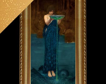 May include: A woman in a blue gown stands in a body of water, holding a bowl pouring out a green liquid. The painting is framed in a gold frame.