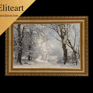 May include: A framed landscape painting depicting a snow-covered forest scene. The artwork features a path winding through trees laden with snow, with a river visible in the distance. The frame is gold with ornate detailing. The text "Eliteart Neoclassicism" is in the upper left corner.