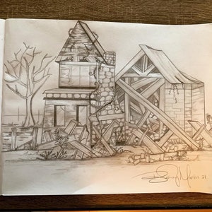 Pencil Drawing Broken Barnhouse