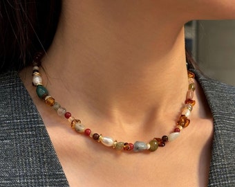 Colorful Mixed Bead Gemstone Necklace with Pearl, Indian Agate Stone, Sunstone, Natural Stone, Dainty, Tiny, Delicate Jewelry, Gift for Her