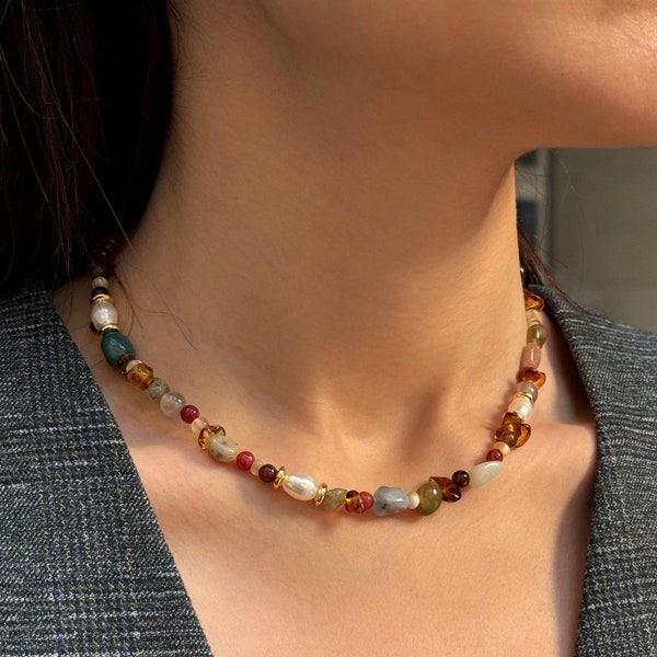 Collier de pierres précieuses mélangées colorées avec perle, agate indienne, pierre de soleil, pierre naturelle, bijoux délicats, minuscules, délicats, cadeau pour elle