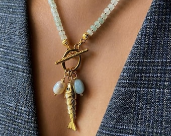 Aquamarijn edelsteen kralenketting, visbedel, parelhanger, unieke sieraden, zomerketting