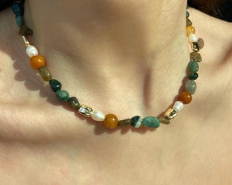Colorful Mixed Bead Necklace- Gemstone, Real Pearl, Indian Agate, Labradorite Stone, Baroque Pearl, Aesthetic Necklace, Gift for Her