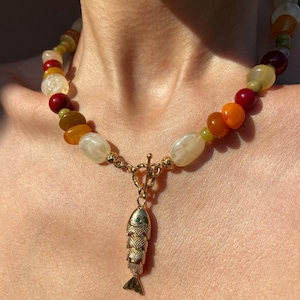 Gemstone Beaded Fish Necklace, Gold Fish Jewelry, Citrine Necklace, Statement Necklace, Long Necklace, Summer Necklace, Gift for Her