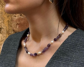 Baroque Pearl& Lavender Amethyst Stone Necklace, Dainty Beaded Pattern, Gemstone Necklace, Real Pearl Choker, Handmade Necklace for Women
