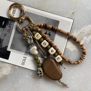 Wooden Beaded Bag Charm, Gemstone Keychain, Handmade Cute Bag Charm, Heart Keychain, Boho Keyring for Women, Love Purse Charm, Gift for Her