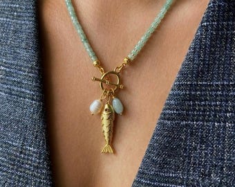 Aquamarine Gemstone Beaded Necklace, Fish Charm, Pearl Pendant, Unique Jewelry, Summer Necklace