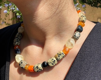 Gemstone Beaded Necklace, Dalmatian Jasper Necklace, Black Obsidian Necklace, Citrine Necklace, Agate Necklace, Natural Stone, Gift for Her