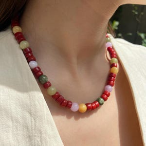 Colorful Gemstone Beaded Necklace, Jade Bead Necklace, Glass Bead Necklace, Delicate Handmade Necklace, Mixed Bead Choker, Gift for Her