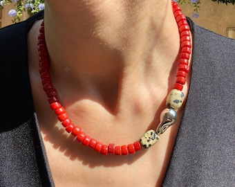 Red Glass Bead Necklace, Dalmatian Jasper Gemstone, Handmade 16-Inch