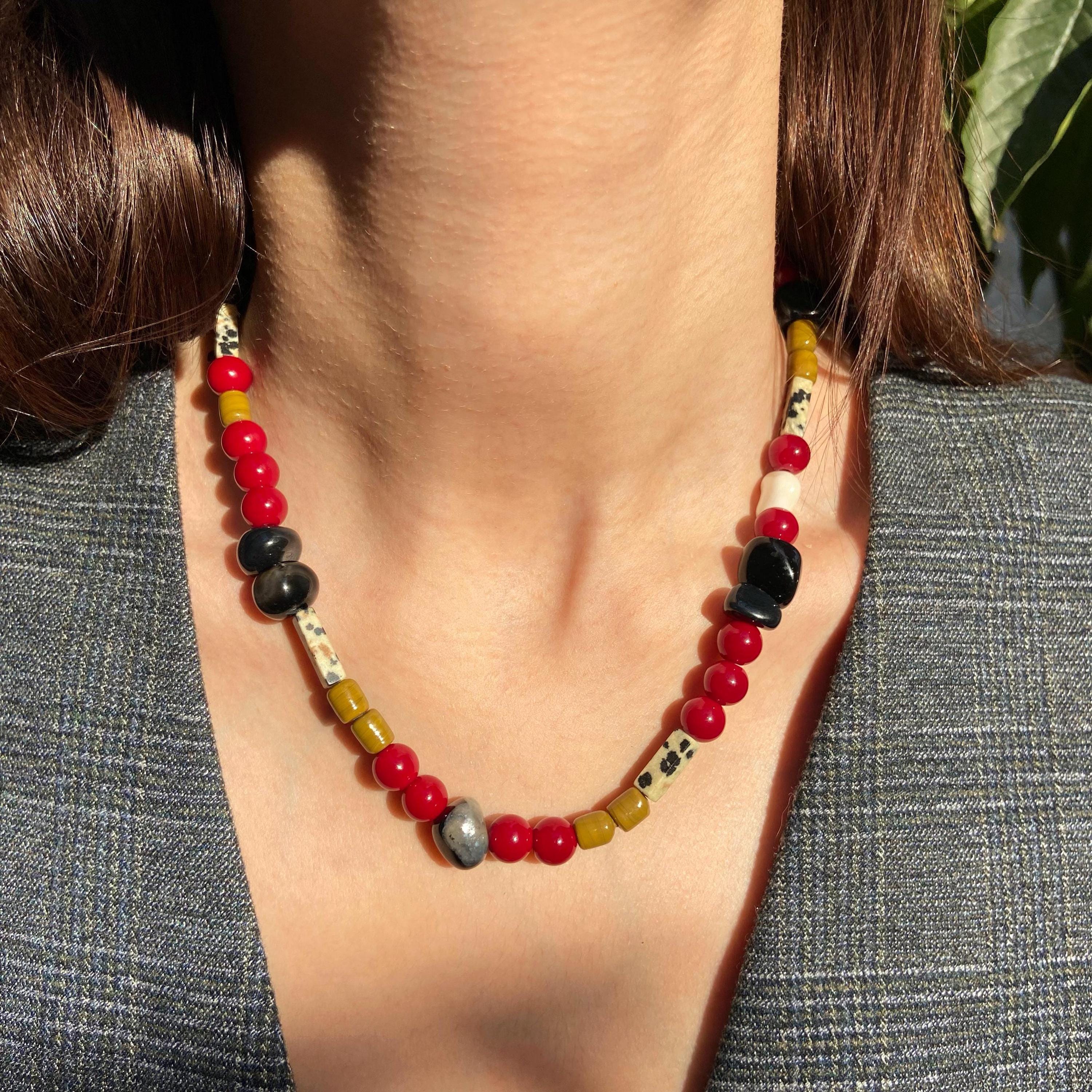Burgundy Gemstone Beaded Necklace, Mixed Beads Necklace, Dalmatian Jasper Choker, Natural Stone, Obsidian, Unique Necklace, Gift for Her