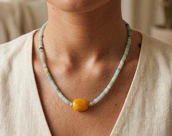 Aquamarine, Yellow Quartz Gemstone Beaded Necklace, Unique Jewelry, Handmade Necklace, Cute Necklace, Minimalist Necklace